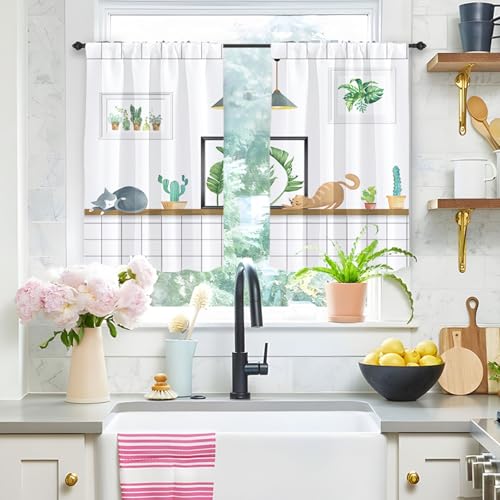 Highdi 2 Stück 3D Kurzgardine Modern Wohnzimmer Küchen, Kurzer Vorhang Fenster Durchscheinend Fenstergardinen, Bistrogardine Stab Tasche Halbe Fenster Behandlung (Katzen,W80xL120cm) von Highdi