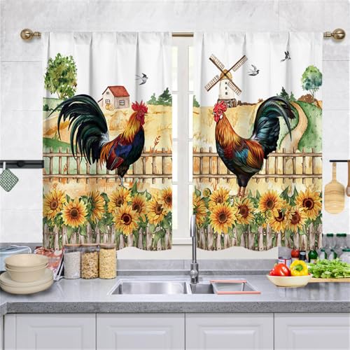 Highdi 2 Stück Kurzgardine Küchen Wohnzimmer, Stangentasche Kurzer Scheibengardinen für Kleine Fenster,Landhausstil Bistrogardine Küche Kurzgardinen (Sonnenblumen,70 * 100cm) von Highdi