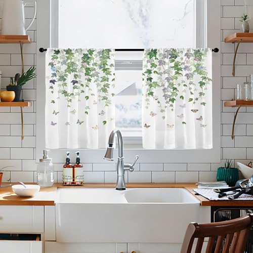 Highdi 2 Stück Kurzgardine Modern Wohnzimmer Küchen, 3D-Blüte Kurzer Vorhang Fenster Durchscheinend Fenstergardinen, Bistrogardine Stab Tasche Halbe Fenster Behandlung (Ahornblatt,W80xL150cm) von Highdi