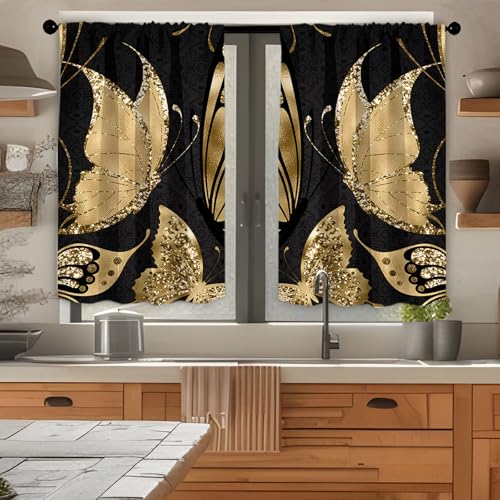 Highdi 2 Stück Kurzgardine Modern Wohnzimmer Küchen, 3D-Ethnischer Kurzer Vorhang Fenster Durchscheinend Fenstergardinen, Bistrogardine Stab Tasche Halbe Fenster Behandlung (Gold,W80xL100cm) von Highdi