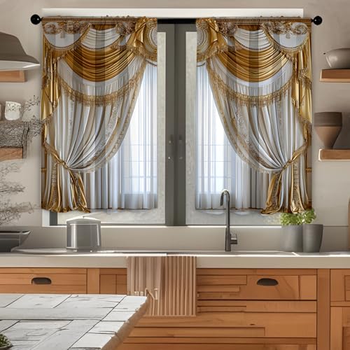 Highdi 2 Stück Kurzgardine Modern Wohnzimmer Küchen, 3D Printing Kurzer Vorhang Fenster Durchscheinend Fenstergardinen, Bistrogardine Stab Tasche Halbe Fenster Behandlung (Gelb1,W80xL100cm) von Highdi