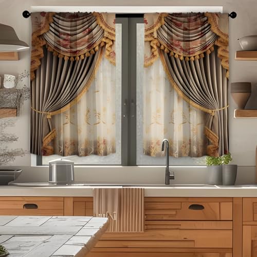 Highdi 2 Stück Kurzgardine Modern Wohnzimmer Küchen, 3D Printing Kurzer Vorhang Fenster Durchscheinend Fenstergardinen, Bistrogardine Stab Tasche Halbe Fenster Behandlung (Retro,W80xL150cm) von Highdi