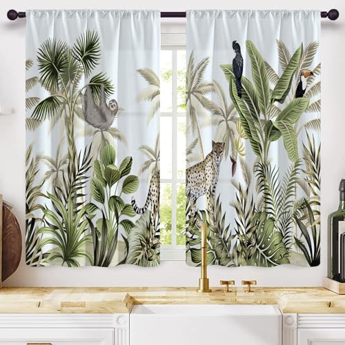 Highdi 2 Stück Kurzgardine Modern Wohnzimmer Küchen, 3D Printing Kurzer Vorhang Fenster Durchscheinend Fenstergardinen, Bistrogardine Stab Tasche Halbe Fenster Behandlung (Tropische Tiere,W80xL100cm) von Highdi