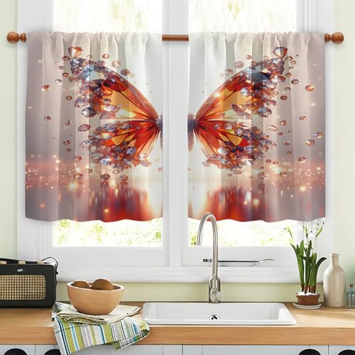Highdi 2 Stück Kurzgardine Modern Wohnzimmer Küchen, 3D-Schmetterling Kurzer Vorhang Fenster Durchscheinend Fenstergardinen, Bistrogardine Stab Tasche Halbe Fenster (Schmetterling 3,W80xL150cm) von Highdi