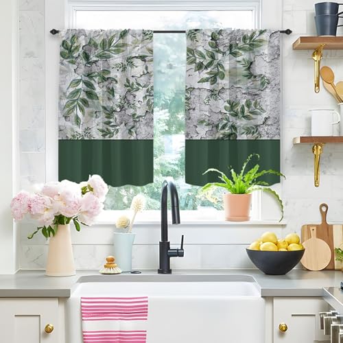 Highdi 2 Stück Kurzgardine Modern Wohnzimmer Küchen, Kurzer Vorhang Fenster Durchscheinend Fenstergardinen, Bistrogardine Stab Tasche Halbe Fenster Behandlung (Dunkelgrün,W80xL100cm) von Highdi