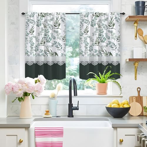 Highdi 2 Stück Kurzgardine Modern Wohnzimmer Küchen, Kurzer Vorhang Fenster Durchscheinend Fenstergardinen, Bistrogardine Stab Tasche Halbe Fenster Behandlung (Grüne Blüte,W80xL120cm) von Highdi