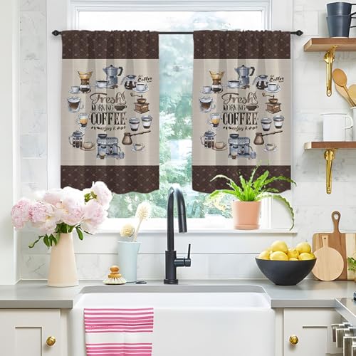 Highdi 2 Stück Kurzgardine Modern Wohnzimmer Küchen, Kurzer Vorhang Fenster Durchscheinend Fenstergardinen, Bistrogardine Stab Tasche Halbe Fenster Behandlung (Kaffee 1,W80xL100cm) von Highdi