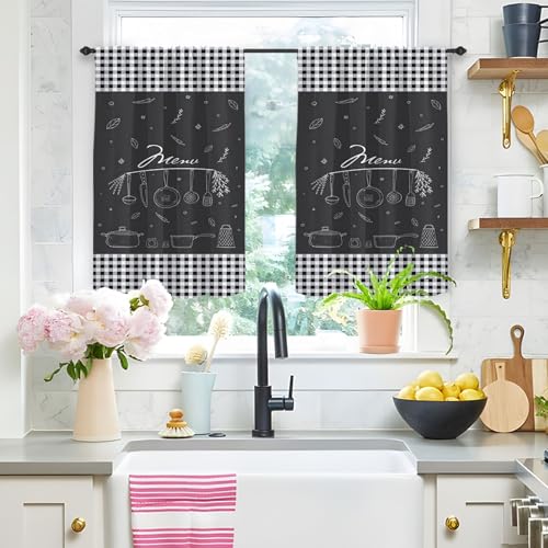 Highdi 2 Stück Kurzgardine Modern Wohnzimmer Küchen, Kurzer Vorhang Fenster Durchscheinend Fenstergardinen, Bistrogardine Stab Tasche Halbe Fenster Behandlung (Schwarz,W80xL150cm) von Highdi