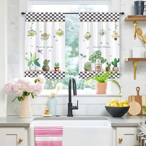 Highdi 2 Stück Kurzgardine Modern Wohnzimmer Küchen, Kurzer Vorhang Fenster Durchscheinend Fenstergardinen, Bistrogardine Stab Tasche Halbe Fenster Behandlung (Tropische Pflanzen,W80xL120cm) von Highdi