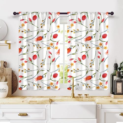 Highdi 2 Stück Kurzgardine Modern Wohnzimmer Küchen, Kurzer Vorhang Fenster Durchscheinend Fenstergardinen, Bistrogardine Stab Tasche Halbe Fenster Behandlung (Tulpe 5,W60xL90cm) von Highdi