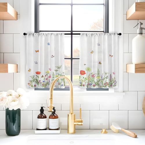Highdi 2 Stück Kurzgardine Modern Wohnzimmer Küchen, Kurzer Vorhang Fenster Durchscheinend Fenstergardinen, Bistrogardine Stab Tasche Halbe Fenster Behandlung (Wunderschöne Blumen 6,W80xL150cm) von Highdi