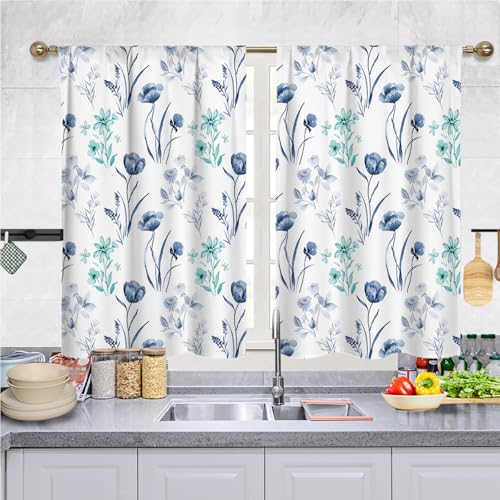 Highdi 2 Stück Kurzgardine Modern Wohnzimmer Küchen, Kurzer Vorhang Fenster Durchscheinend Fenstergardinen, Bistrogardine Stab Tasche Halbe Fenster Behandlung für Home Decor (Blaue Rose,70x50cm) von Highdi