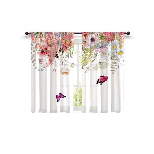 Highdi 2 Stück Kurzgardine Modern Wohnzimmer Küchen, Kurzer Vorhang Fenster Durchscheinend Fenstergardinen, Bistrogardine Stab Tasche Halbe Fenster Behandlung für Home Decor (Blüte 2,W80xL150cm) von Highdi