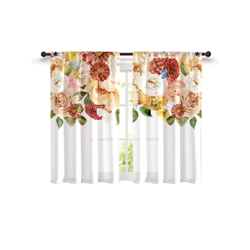 Highdi 2 Stück Kurzgardine Modern Wohnzimmer Küchen, Kurzer Vorhang Fenster Durchscheinend Fenstergardinen, Bistrogardine Stab Tasche Halbe Fenster Behandlung für Home Decor (Blüte 3,W80xL120cm) von Highdi