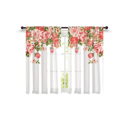 Highdi 2 Stück Kurzgardine Modern Wohnzimmer Küchen, Kurzer Vorhang Fenster Durchscheinend Fenstergardinen, Bistrogardine Stab Tasche Halbe Fenster Behandlung für Home Decor (Blume 7,W80xL100cm) von Highdi