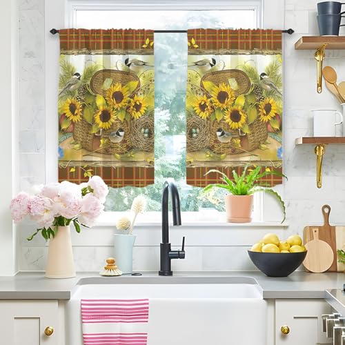 Highdi 2 Stück Kurzgardine Modern Wohnzimmer Küchen, Retro Kurzer Vorhang Fenster Durchscheinend Fenstergardinen, Bistrogardine Stab Tasche Halbe Fenster Behandlung (Blumenkorb,W80xL120cm) von Highdi