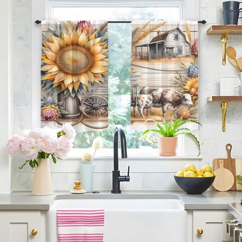 Highdi 2 Stück Kurzgardine Modern Wohnzimmer Küchen, Retro Kurzer Vorhang Fenster Durchscheinend Fenstergardinen, Bistrogardine Stab Tasche Halbe Fenster Behandlung (Milchkühe,W80xL100cm) von Highdi