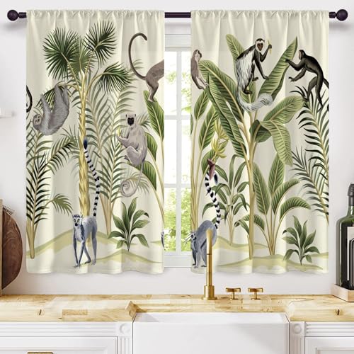 Highdi 2 Stück Kurzgardine Modern Wohnzimmer Küchen, Tiere Printing Kurzer Vorhang Fenster Durchscheinend Fenstergardinen, Bistrogardine Stab Tasche Halbe Fenster (Affen,W80xL100cm) von Highdi