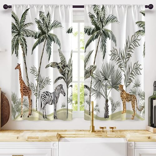 Highdi 2 Stück Kurzgardine Modern Wohnzimmer Küchen, Tiere Printing Kurzer Vorhang Fenster Durchscheinend Fenstergardinen, Bistrogardine Stab Tasche Halbe Fenster (Leoparden,W80xL100cm) von Highdi