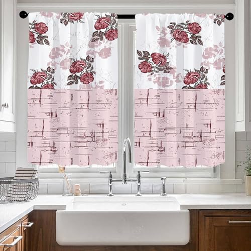 Highdi 2 Stück Kurzgardine Modern Wohnzimmer Küchen 3D Printing, Kurzer Vorhang Fenster Durchscheinend Fenstergardinen, Bistrogardine Stab Tasche Halbe Fenster Behandlung (Rose,W80xL150cm) von Highdi