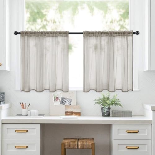 Highdi 2 Stück Kurzgardine Volltonfarbe Wohnzimmer Küchen, Stangentasche Kurzer Scheibengardinen für Kleine Fenster,Landhausstil Bistrogardine Küche Kurzgardinen (Khaki,B132 x H46 cm) von Highdi