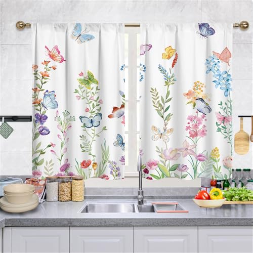 Highdi 2 Stück Kurzgardine Wohnzimmer Küchen, Stangentasche Kurzer Scheibengardinen für Kleine Fenster,Landhausstil Bistrogardine Küche Kurzgardinen (Bunte Schmetterlinge,70 * 100cm) von Highdi