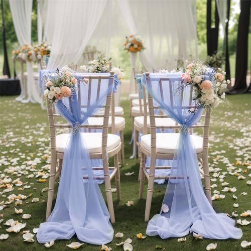 Highdi 2 Stück Stuhlhussen Set Hochzeit Chiffon Stoff Hochzeit, Stuhlhussen, Party, Gang, Stuhldekoration, Stuhlbezug Stuhlschärpen Dekostoff Stuhl Band Stuhlhusse (Hellblau,20 * 250cm) von Highdi