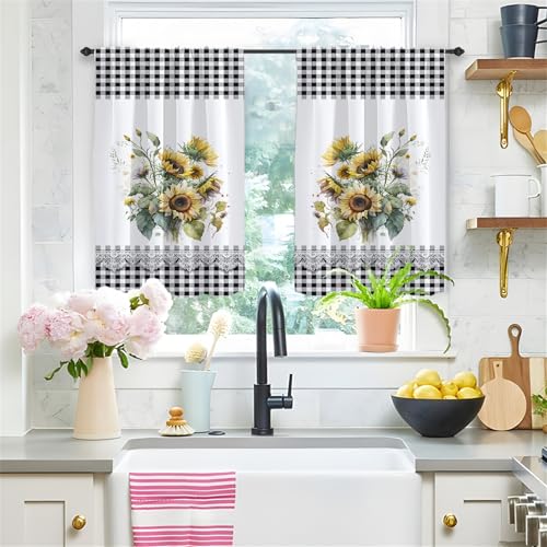 Highdi 2er Set Kurzgardinen Modern für Küche, Küchengardinen Scheibengardinen mit Rod Tasche Fenstervorhang Kurz lichtfilternd Vorhänge für Kaffeehaus (Gelbe Sonnenblume,90 * 60cm) von Highdi