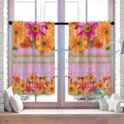 Highdi 2er Set Kurzgardinen Modern für Küche, Küchengardinen Scheibengardinen mit Rod Tasche Fenstervorhang Kurz lichtfilternd Vorhänge für Kaffeehaus (Gerbera Gänseblümchen,90 * 60cm) von Highdi