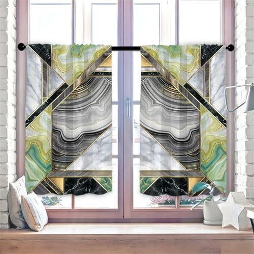 Highdi 2er Set Kurzgardinen Modern für Küche, Küchengardinen Scheibengardinen mit Rod Tasche Fenstervorhang Kurz lichtfilternd Vorhänge für Kaffeehaus (Green Marble,90 * 60cm) von Highdi