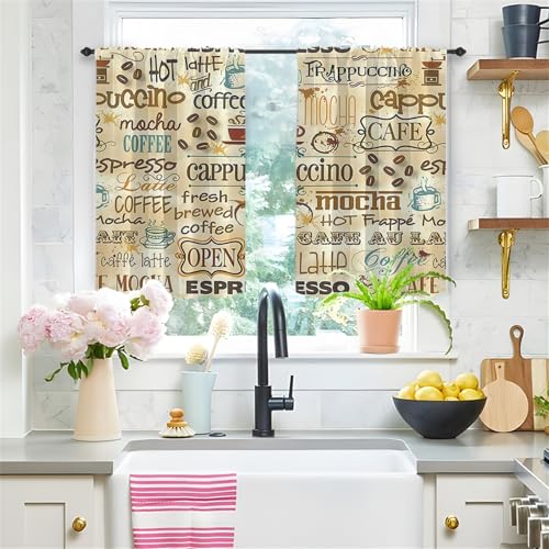 Highdi 2er Set Kurzgardinen Modern für Küche, Küchengardinen Scheibengardinen mit Rod Tasche Fenstervorhang Kurz lichtfilternd Vorhänge für Kaffeehaus (Kaffee-Buchstaben,90 * 60cm) von Highdi