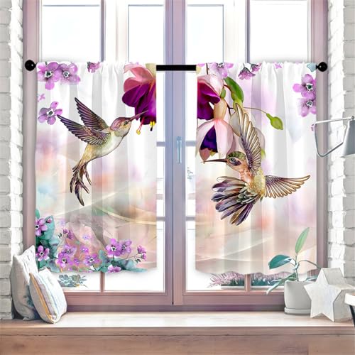 Highdi 2er Set Kurzgardinen Modern für Küche, Küchengardinen Scheibengardinen mit Rod Tasche Fenstervorhang Kurz lichtfilternd Vorhänge für Kaffeehaus (Kolibri,80 * 100cm) von Highdi