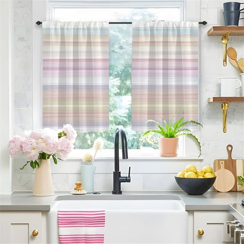 Highdi 2er Set Kurzgardinen Modern für Küche, Küchengardinen Scheibengardinen mit Rod Tasche Fenstervorhang Kurz lichtfilternd Vorhänge für Kaffeehaus (Regenbogen,90 * 60cm) von Highdi
