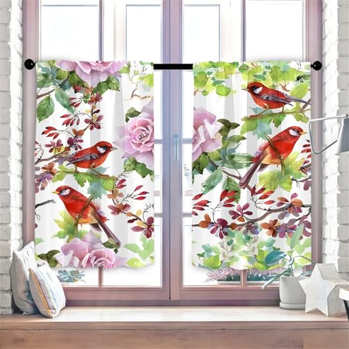 Highdi 2er Set Kurzgardinen Modern für Küche, Küchengardinen Scheibengardinen mit Rod Tasche Fenstervorhang Kurz lichtfilternd Vorhänge für Kaffeehaus (Roter Vogel,80 * 100cm) von Highdi
