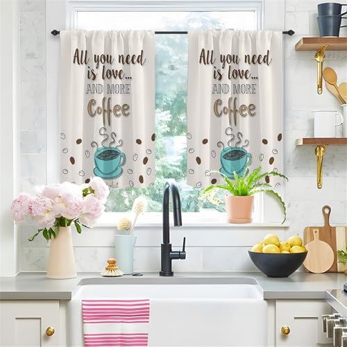 Highdi 2er Set Kurzgardinen Modern für Küche, Küchengardinen Scheibengardinen mit Rod Tasche Fenstervorhang Kurz lichtfilternd Vorhänge für Kaffeehaus (Türkisfarbener Kaffee,90 * 60cm) von Highdi