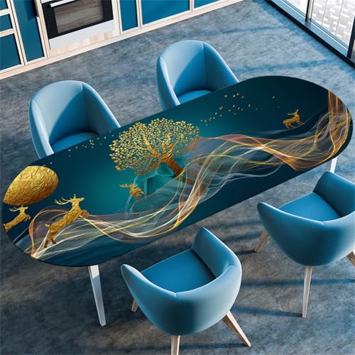 Highdi 3D Elastische Tischdecke Oval Abwaschbar, Spanntischdecke Oval Gartentischdecke Outdoor Oval Tischdecke mit Gummizug für Esszimmer, Küche (Goldene Nation 3,107x152cm(42"x60")) von Highdi