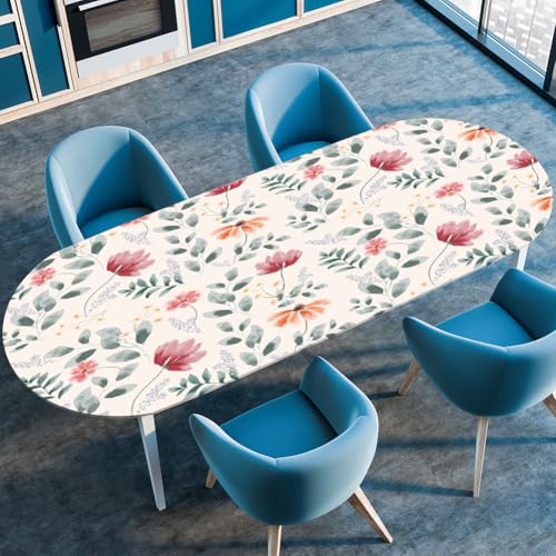 Highdi 3D Elastische Tischdecke Oval Abwaschbar, Spanntischdecke Oval Gartentischdecke Outdoor Tischdecke mit Gummizug für Esszimmer, Küche (Blattblume 9,107x152cm) von Highdi
