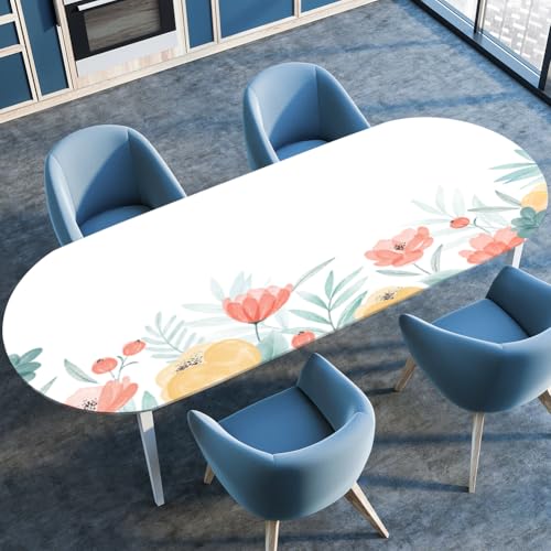 Highdi 3D Elastische Tischdecke Oval Abwaschbar, Spanntischdecke Oval Gartentischdecke Outdoor Tischdecke mit Gummizug für Esszimmer, Küche (Schicke Blumen 7,107x152cm) von Highdi