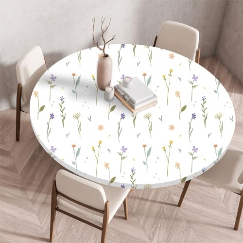 Highdi 3D Elastische Tischdecke Rund wasserdichte, Tischdecke Outdoor Round Blümchenmuster Spanntischdecke mit Gummizug für Esszimmer, Küche und Picknick (100cm,Pflanzenblätter) von Highdi