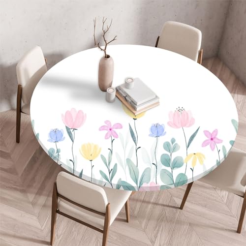 Highdi 3D Elastische Tischdecke Rund wasserdichte, Tischdecke Outdoor Round Blümchenmuster Spanntischdecke mit Gummizug für Esszimmer, Küche und Picknick (120cm,Vegetative Blumen) von Highdi