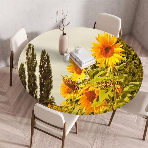 Highdi 3D Elastische Tischdecke Rund Abwaschbar, Spanntischdecke Rund Gartentischdecke Outdoor Round Tischdecke mit Gummizug für Esszimmer, Küche und Picknick (130cm,Sonnenblume 5) von Highdi