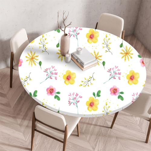 Highdi 3D Elastische Tischdecke Rund Abwaschbar, Spanntischdecke Rund Gartentischdecke Outdoor Round Tischdecke mit Gummizug für Esszimmer, Küche und Picknick (60cm,Chrysanthemen) von Highdi