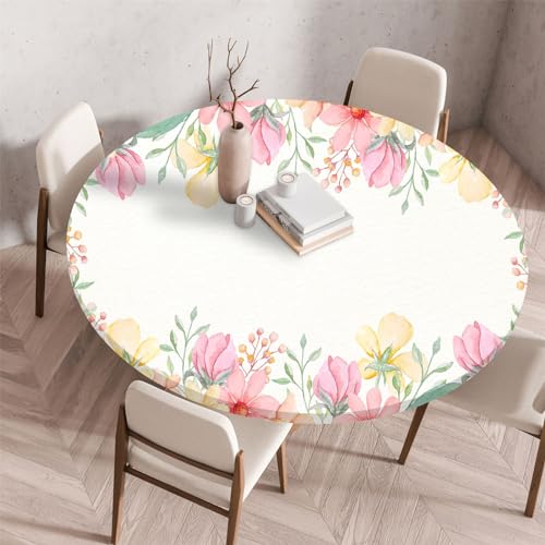 Highdi 3D Elastische Tischdecke Rund Abwaschbar, Spanntischdecke Rund Gartentischdecke Outdoor Round Tischdecke mit Gummizug für Esszimmer, Küche und Picknick (60cm,Kunstblume 8) von Highdi