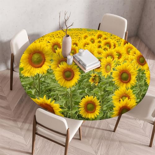Highdi 3D Elastische Tischdecke Rund Abwaschbar, Spanntischdecke Rund Gartentischdecke Outdoor Round Tischdecke mit Gummizug für Esszimmer, Küche und Picknick (60cm,Sonnenblume 3) von Highdi