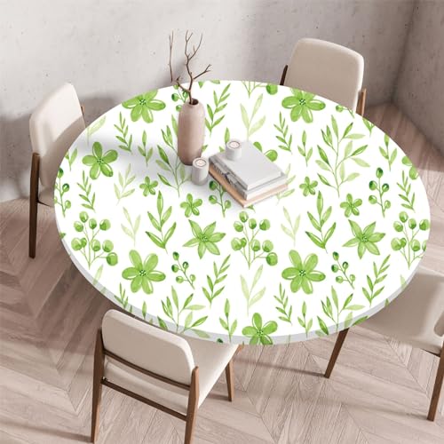 Highdi 3D Elastische Tischdecke Rund wasserdichte, Tischdecke Outdoor Round Blümchenmuster Spanntischdecke mit Gummizug für Esszimmer, Küche und Picknick (80cm,Grüne Blumen) von Highdi