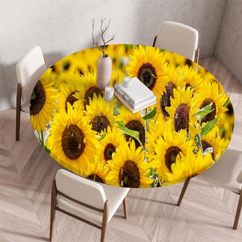 Highdi 3D Elastische Tischdecke Rund Abwaschbar, Spanntischdecke Rund Gartentischdecke Outdoor Round Tischdecke mit Gummizug für Esszimmer, Küche und Picknick (80cm,Sonnenblume 6) von Highdi