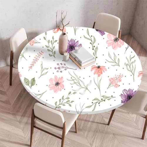 Highdi 3D Elastische Tischdecke Rund wasserdichte, Tischdecke Outdoor Round Blümchenmuster Spanntischdecke mit Gummizug für Esszimmer, Küche und Picknick (90cm,Botanische Blumen) von Highdi