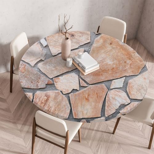 Highdi 3D Elastische Tischdecke Rund Abwaschbar, Spanntischdecke Rund Gartentischdecke Outdoor Round Tischdecke mit Gummizug für Esszimmer, Küche und Picknick (90cm,Sandstein 10) von Highdi