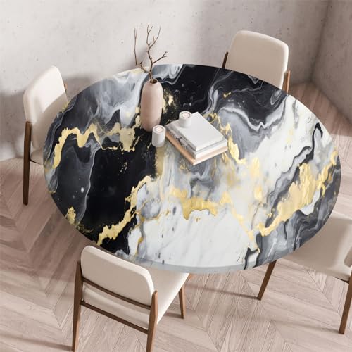 Highdi 3D Elastische Tischdecke Rund Abwaschbar, Spanntischdecke Rund Gartentischdecke Outdoor Round Tischdecke mit Gummizug für Esszimmer, Küche und Picknick (Stein A,80cm) von Highdi