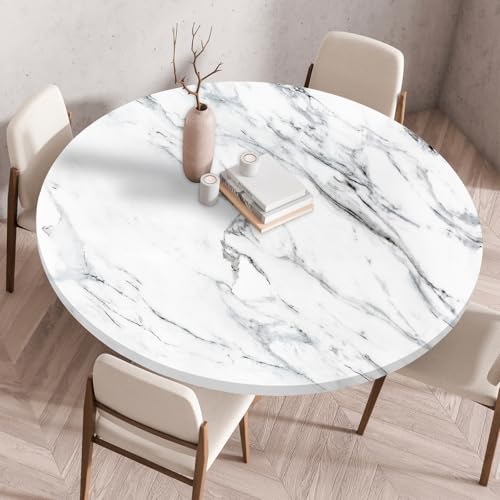 Highdi Tischdecke Abwaschbar Rund 90cm, Elastisch Mármol Druckbar Tischdecke Outdoor Lotuseffekt Tischdecken Table Cloth für Garten Restaurant, Ideal für 80cm-85cm von Highdi